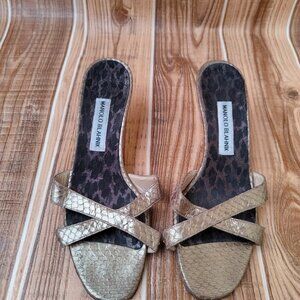 Manolo Blahnik Gold Leather Alligator Slip On Mid Heel Sandals